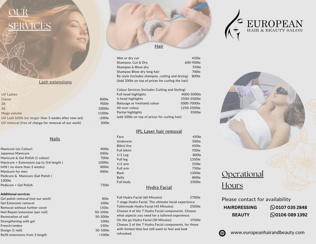 Price List For European Beauty Salon Fayrous Hurghada Egypt